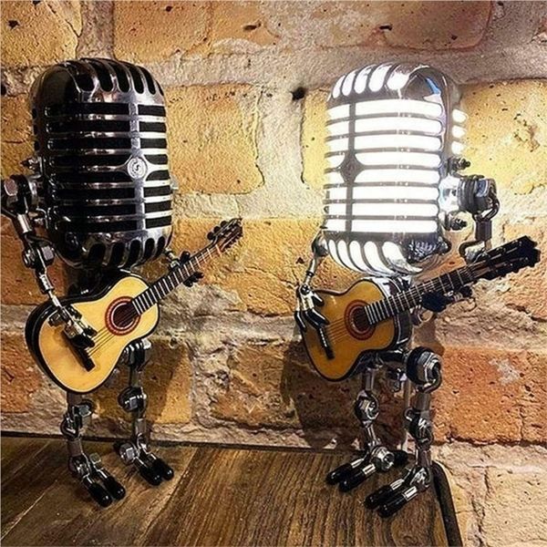 Metal microphone robot retro-style adjustable glowing desk lamp, handheld guitar-shaped decorative ornament