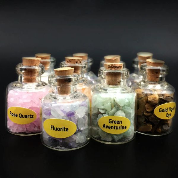 Mini gemstone bottles with tumbled healing crystals, natural semi-precious stones for Wicca sets