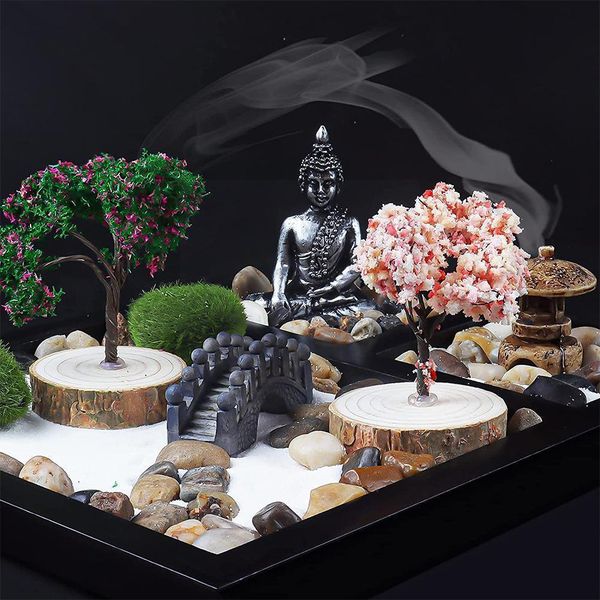 Miniature Japanese Zen garden sand table with Buddha figurine for home and office decor