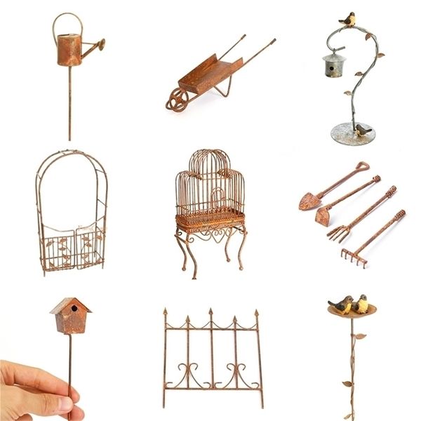 Miniature Rusty Metal Fairy Garden Decor with Vintage Arch Gate, Birdcage, and Pick Fence