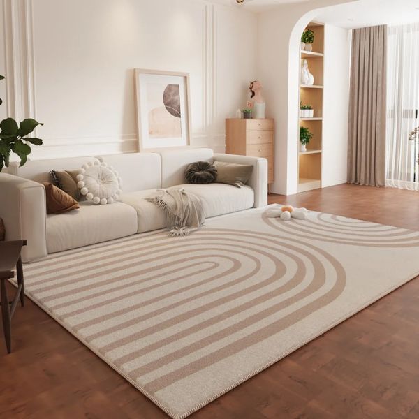 Minimalist beige large living room carpet, soft plaid striped rug for cozy bedrooms