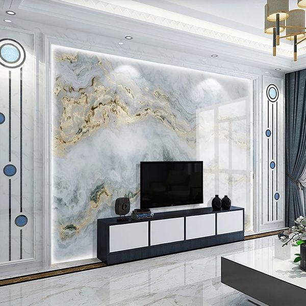 Modern 3D blue marble wallpaper with gold accents for living room TV backdrop, luxury hotel decor, and waterproof sofa wall mural