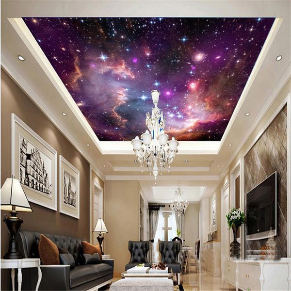 Modern 3D ceiling wallpaper featuring a vibrant starry sky design for living rooms