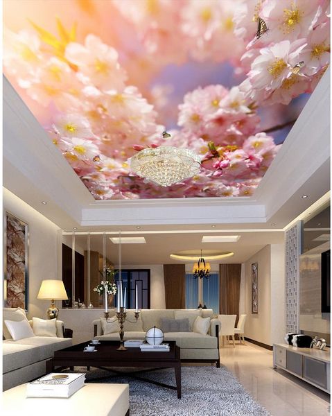 Modern 3D ceiling wallpaper featuring beautiful peach blossom butterflies for living rooms