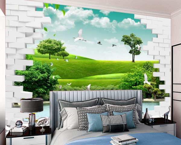 Modern 3D green landscape wallpaper for home decor, featuring digital prints ideal for kitchen and room murals