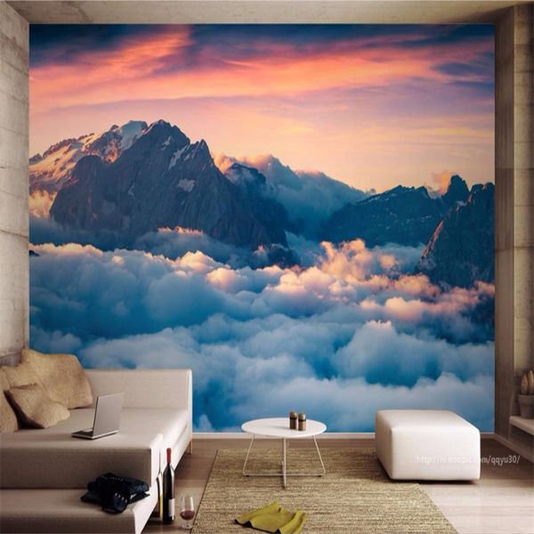 Modern 3D mountain and cloud wallpaper for living room, bedroom, or TV backdrop