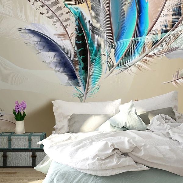 Modern 3D mural wallpaper featuring colorful feathers, perfect for living room, study, or bedroom TV wall decor