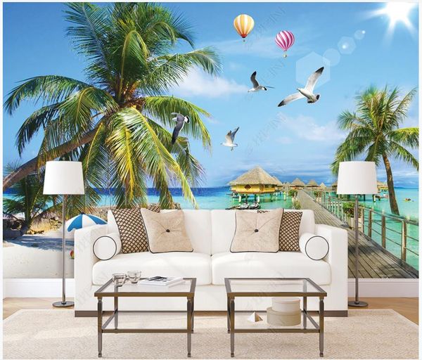 Modern 3D mural wallpaper featuring romantic Mediterranean tree and balloon sea view island for living room TV backdrop