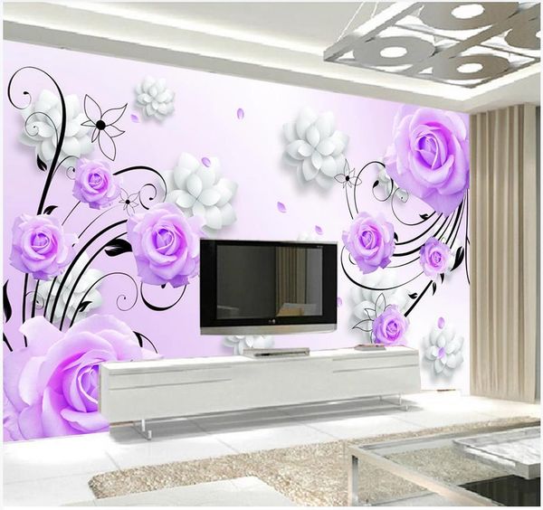 Modern 3D purple rose floral wallpaper for bedroom and TV walls