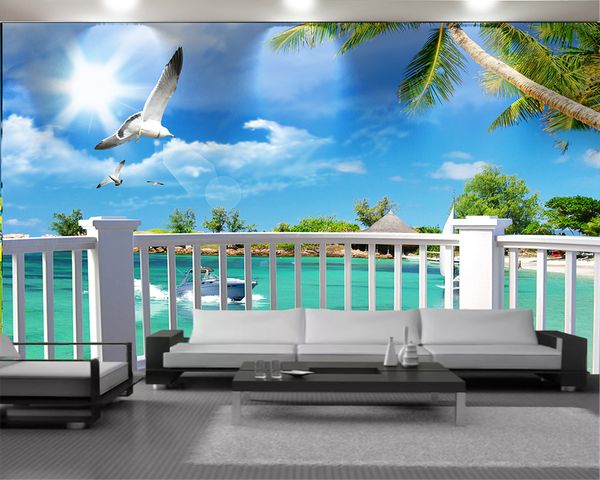 Modern 3D wallpaper featuring a stunning sea view from a white balcony, creating a romantic landscape mural