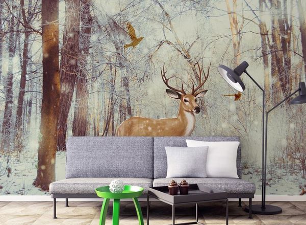 Modern 3D wallpaper featuring an elk forest scene, ideal for living room decor and waterproof for bathroom use