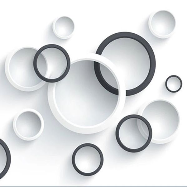 Modern 3D wallpaper featuring black and white circular designs for office or study spaces