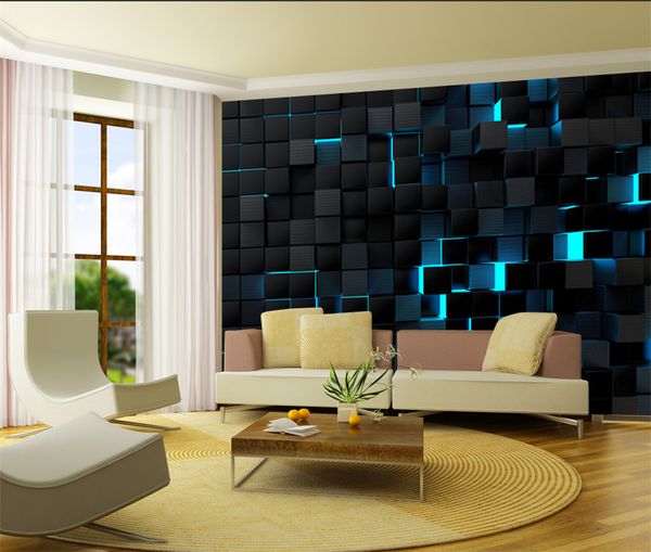 Modern 3D wallpaper featuring blue-lit black cubes, ideal for offices, esports rooms, and contemporary living spaces