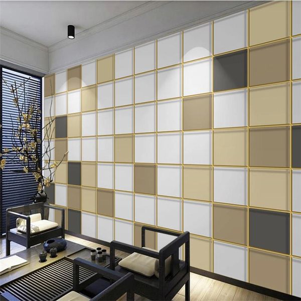 Modern 3D wallpaper featuring minimalist geometric squares with luxurious golden embossed lines on a light background