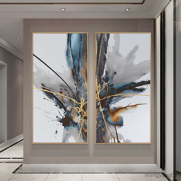Modern abstract canvas art featuring blue, gray, and gold lines for living room and bedroom decor