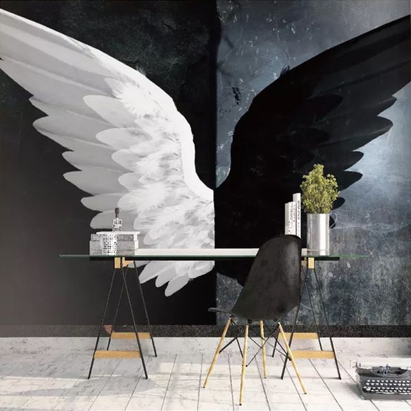 Modern creative black and white angel wings 3D wallpaper for living room or bedroom walls