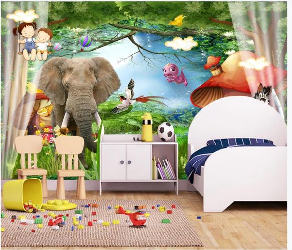 Modern fantasy forest wallpaper featuring charming cartoon animals, perfect for decorating kids' rooms with a playful touch