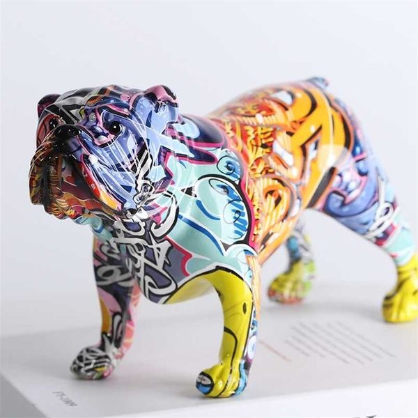 Modern graffiti-style colorful English bulldog figurines for home decor, perfect for bookshelves or TV cabinets