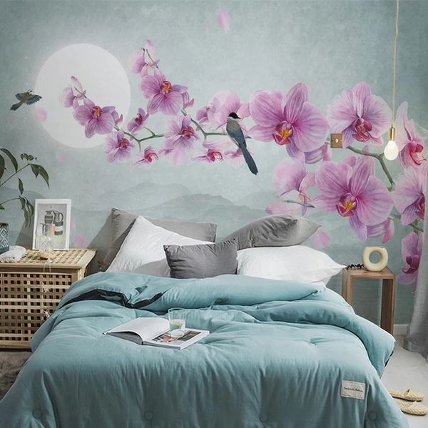 Modern hand-painted floral wallpaper featuring orchids, birds and butterflies for living room and bedroom waterproof decor