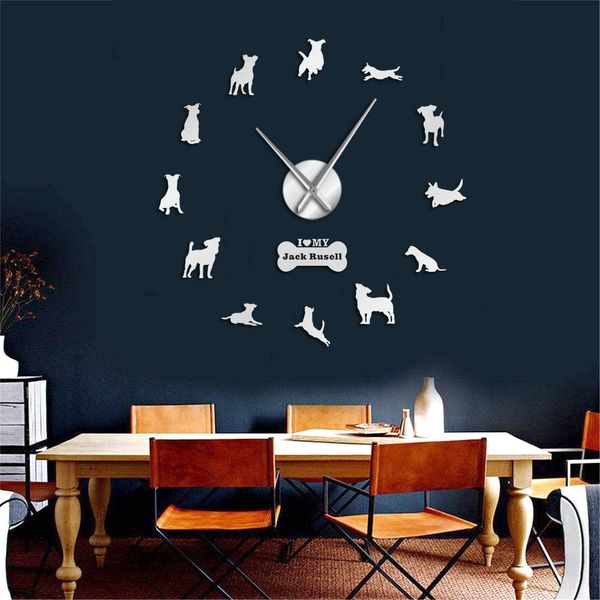 Modern large wall clock featuring a Jack Russell Terrier fox hunting dog design, with mirror effect, ideal as a small terrier breed gift or DIY wall art Y200109