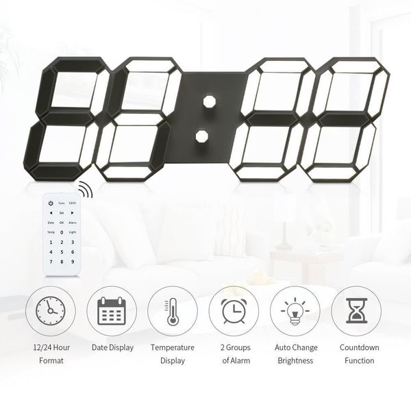 Modern LED 3D digital wall clock featuring remote control, large display, nightlight, alarm, and sleek black design for home or living room with EU plug