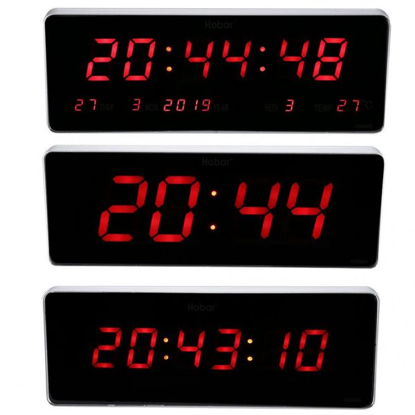 Modern LED digital wall clock with calendar and temperature display, EU plug compatible with 110-240V