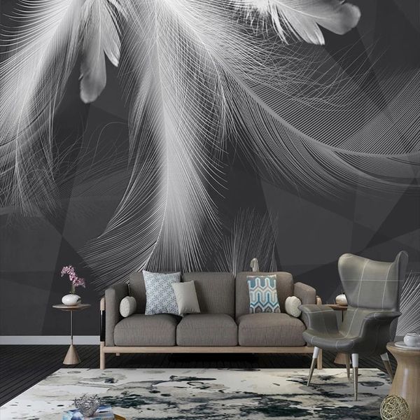 Modern minimalist black and white feather abstract wallpaper mural for wall decor
