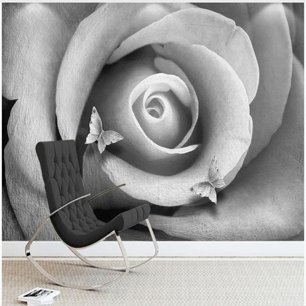 Modern minimalist gray and white 3D rose floral relief wallpapers for TV and sofa backdrop