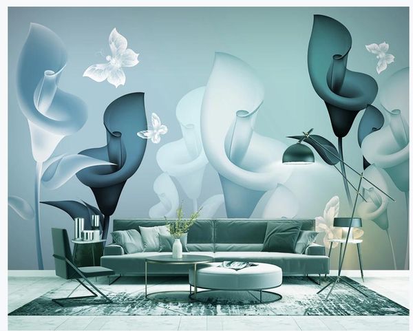 Modern minimalist wallpaper featuring dreamy flowers, butterflies, and calla lilies for TV sofa background murals