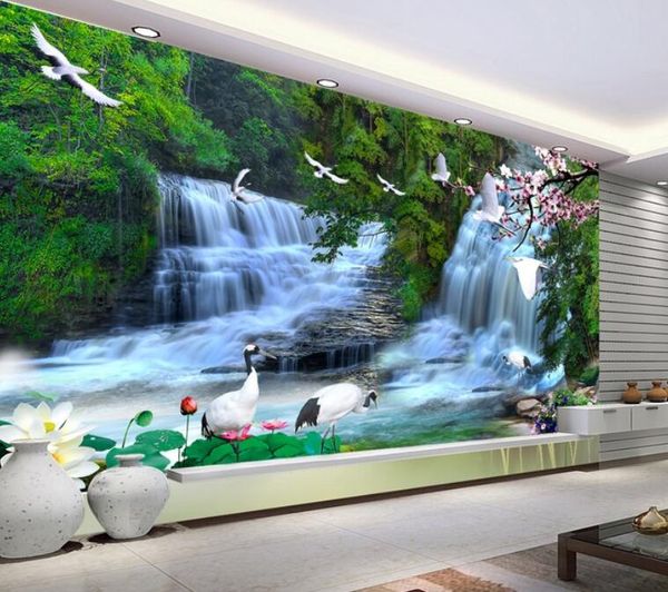 Modern stylish 3D waterfall and tree landscape wallpaper for contemporary living room wall decor