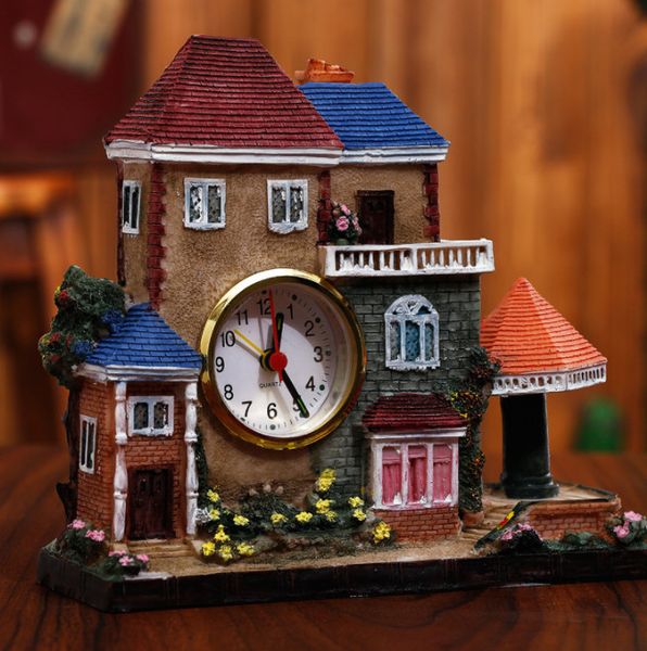 Modern table clocks, grand European castle-style home alarm clocks, artistic villa resin decor pieces, various designs available
