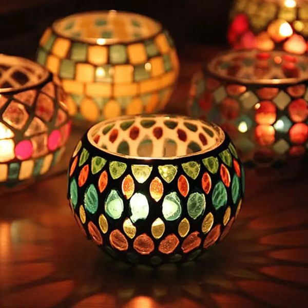 Moroccan mosaic glass votive holder for tea lights, candelabra centerpiece decor