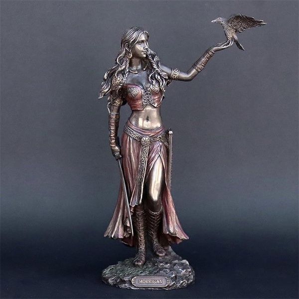Morrigan, the Celtic war goddess, features a crow and sword in this 15cm bronze resin statue for home decor