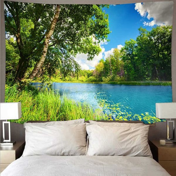 Mountain Forest Lake Landscape Tapestry Printed Wall Covering Psychedelic Wall Hanging Beach Towel Polyester Thin Blanket Yoga 210609

Rewritten:
Printed polyester tapestry featuring a psychedelic mountain forest lake landscape, ideal as a wall hanging, beach towel, or yoga blanket