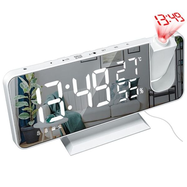 Mrosaa LED digital alarm clock with FM radio, USB charging, time projection, and three color options for desktop use