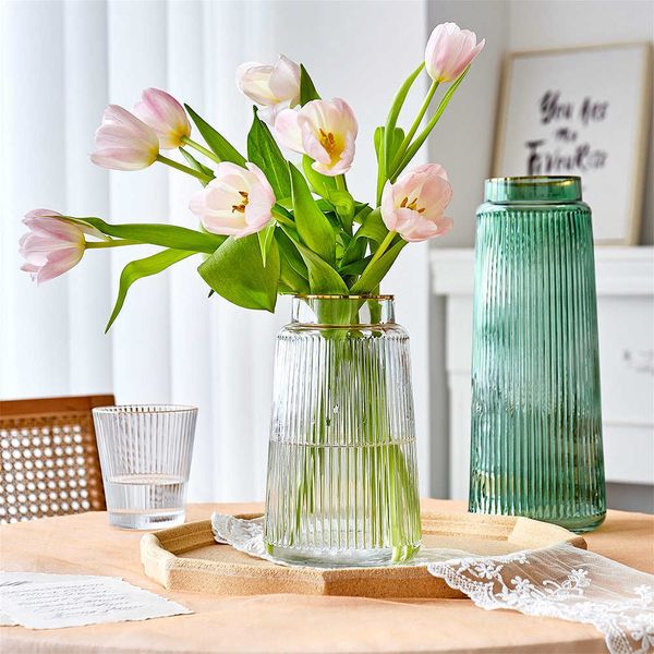 Multicolor striped glass vase for modern home decor in living room, bedroom, or dining table