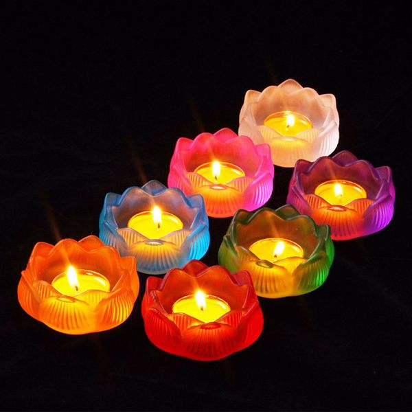 Multicolored glass flower tea light holders for candles, available wholesale