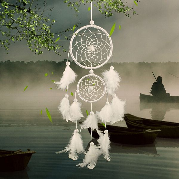 Multicolored handcrafted wind chime ornament featuring white feathered dreamcatcher decor