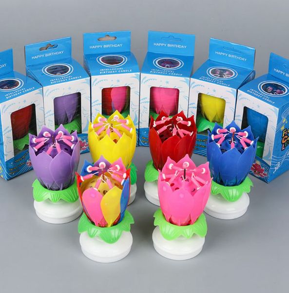 Musical rotating lotus flower candle for birthday cakes, a sparkling floral accessory and gift