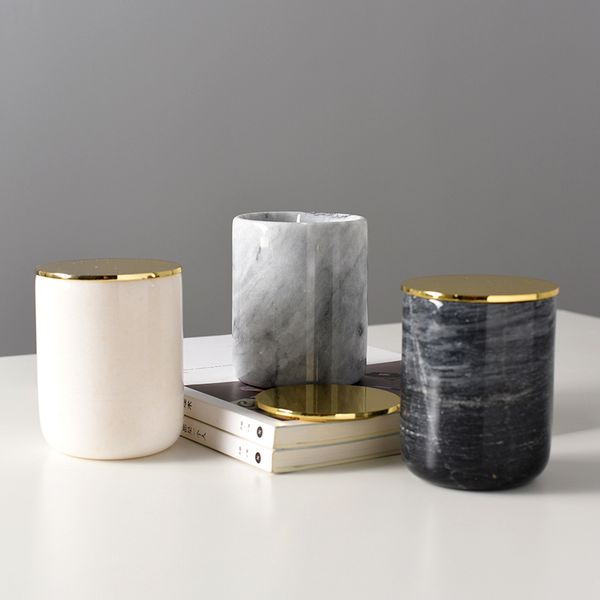 Natural marble candle holder for pillar candles, European-style Nordic home decor with stainless steel cover, perfect for weddings and candelabras