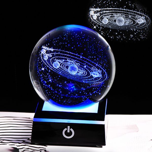 New 80mm K9 crystal solar system model with 3D laser engraving, LED light base, and touch switch for cosmic display