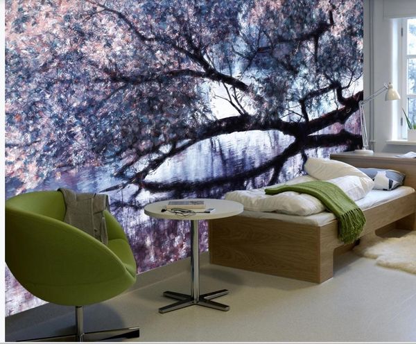 New Chinese-style spring cherry blossom tree wallpapers with hand-painted 3D background for walls