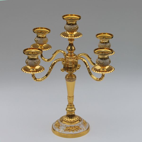 New golden-plated zinc alloy 5-arm candelabra for weddings, parties, and events