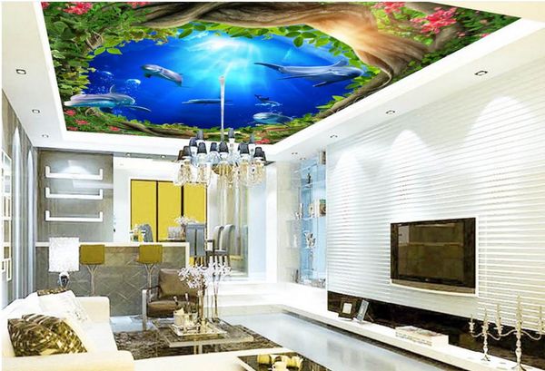 Non-woven 3D wallpaper featuring green tree vines and ocean motifs for home decor, KTV bars, and ceilings