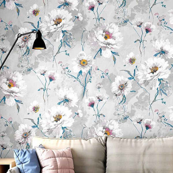 Non-woven floral wallpaper for bedrooms in vintage grey with American pastoral flower designs