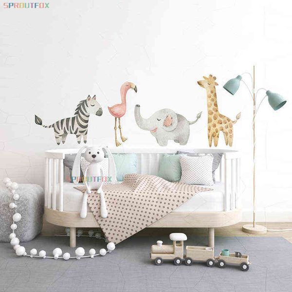 Nordic animal wall stickers for kids' rooms featuring zebra, flamingo, elephant and giraffe designs