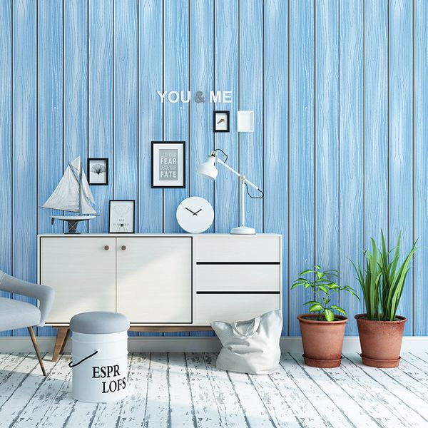 Nordic blue non-woven wallpaper for bedroom and living room decor, featuring a wood-like design for home enhancement