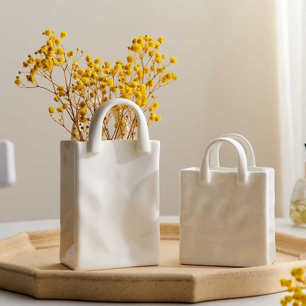 Nordic ceramic flower vase in a bag shape, modern white decor for home, ideal for dried flower arrangements and table styling P23