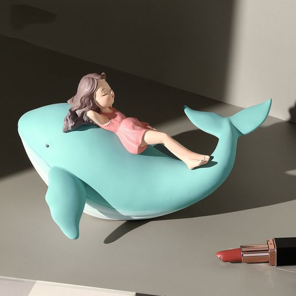 Nordic whale girl resin statue for modern home and office decor