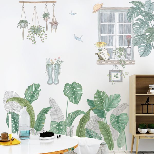 Nordic-inspired green leaf wall decals for DIY home decor in bedrooms, living spaces, dining areas, kitchens, and children's rooms